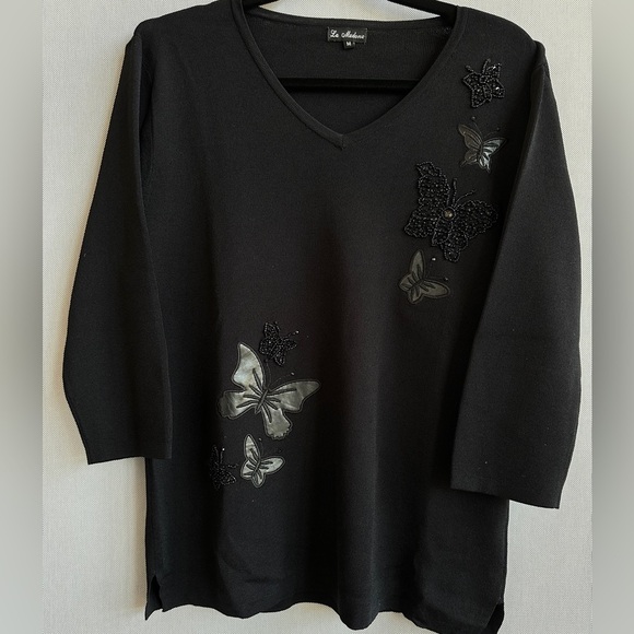 La Madona | Sequin & Satin Butterfly Sweater | Lightweight V-Neck Knit | Size M - Picture 1 of 8
